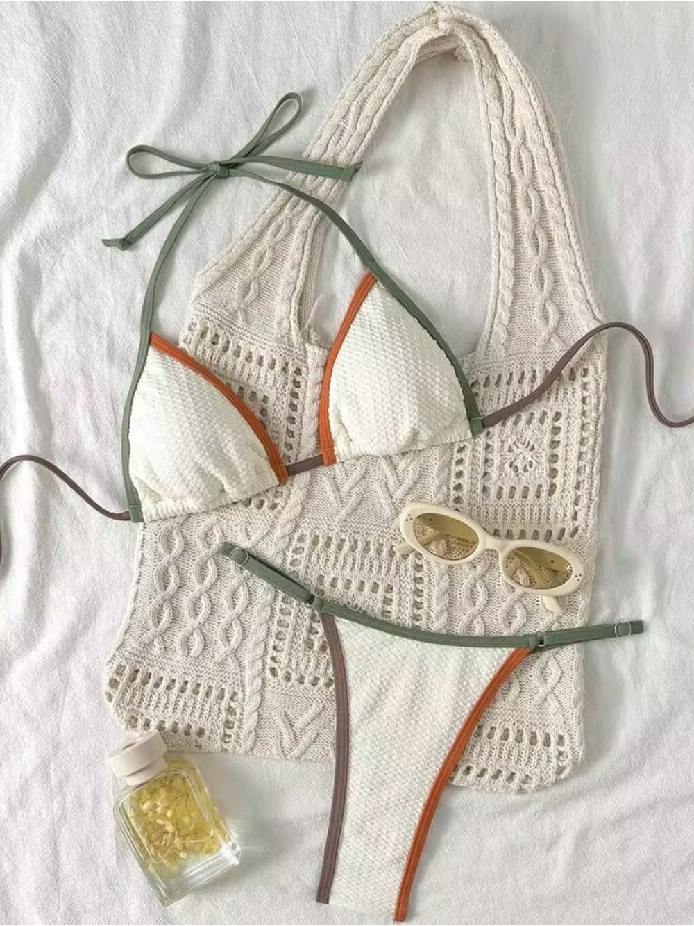 Cream Textured Triangle Bikini with Green & Rust Trim - Picture 3 of 10